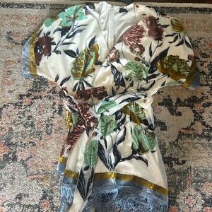 NBD Floral Tie-Waist Tunic in White, Green, Brown and Gold